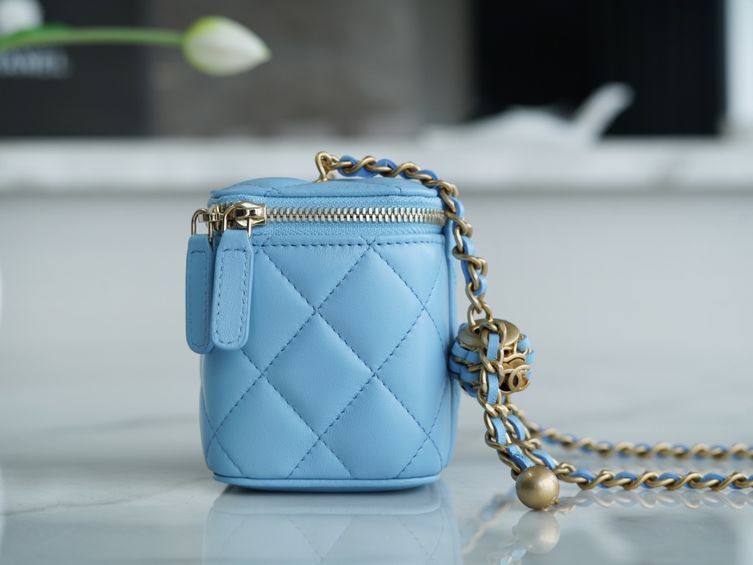 Chanel 22S Woven Gold Ball Box Bag Sky Blue Lambskin  