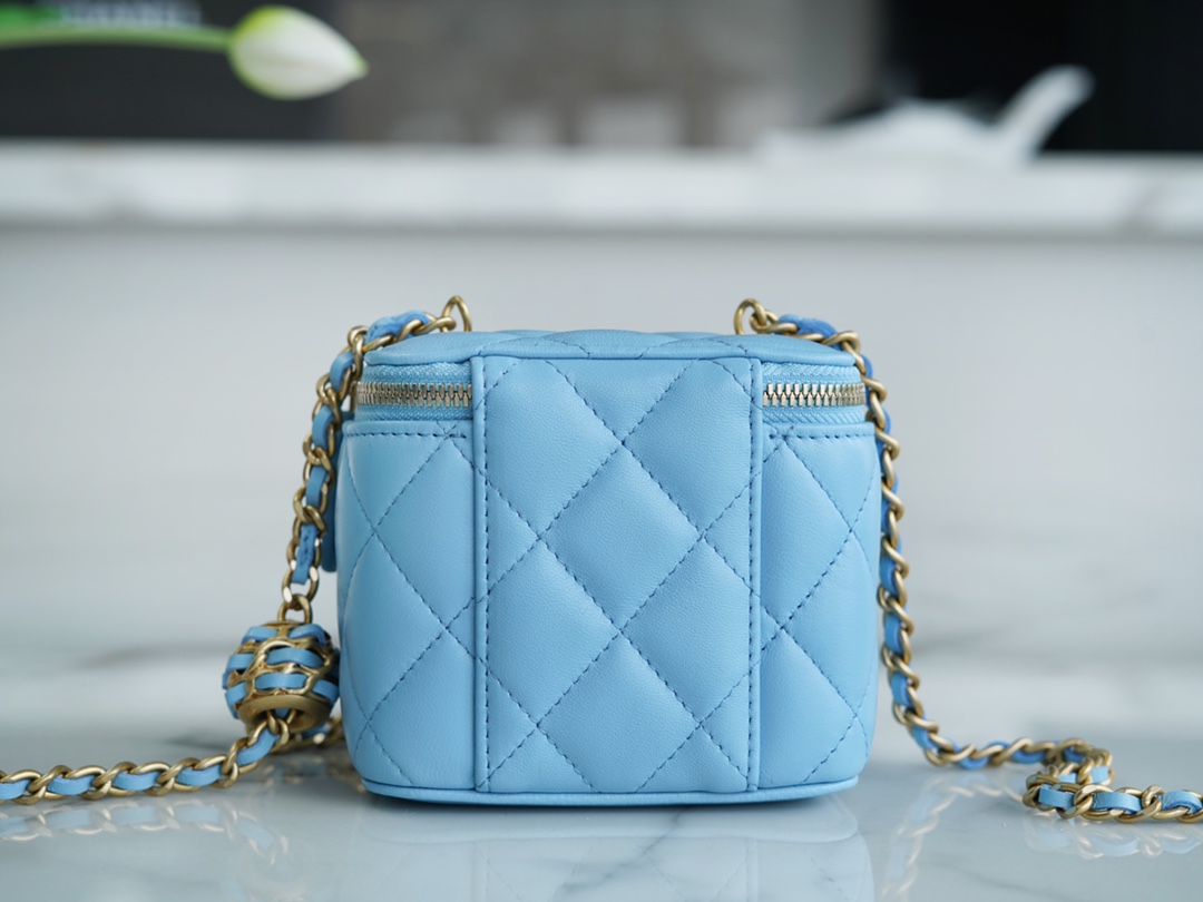 Chanel 22S Woven Gold Ball Box Bag Sky Blue Lambskin  