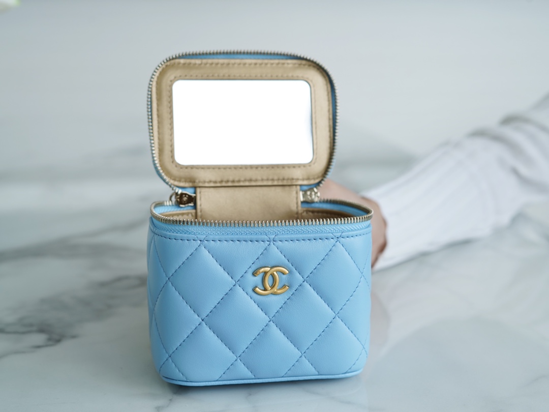 Chanel 22S Woven Gold Ball Box Bag Sky Blue Lambskin  