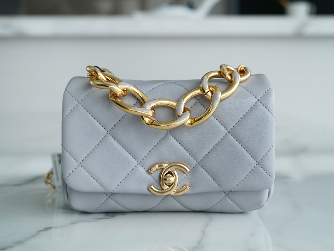 Chanel 22A Chunky Chain Flap Bag Mini Grey Lambskin  