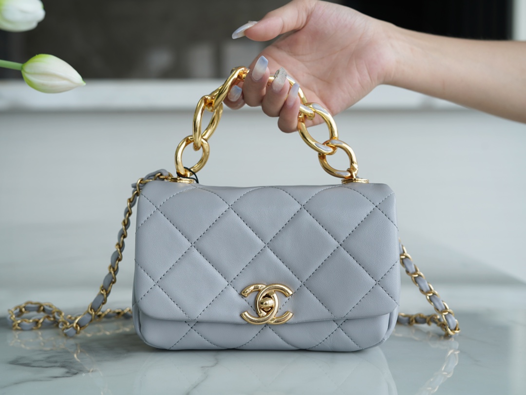 Chanel 22A Chunky Chain Flap Bag Mini Grey Lambskin  