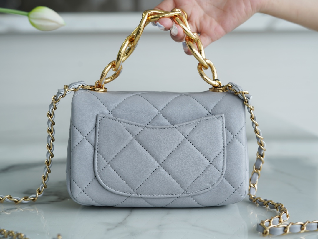 Chanel 22A Chunky Chain Flap Bag Mini Grey Lambskin  