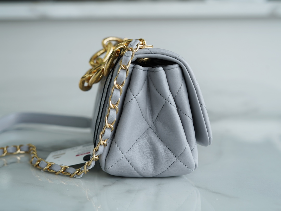 Chanel 22A Chunky Chain Flap Bag Mini Grey Lambskin  