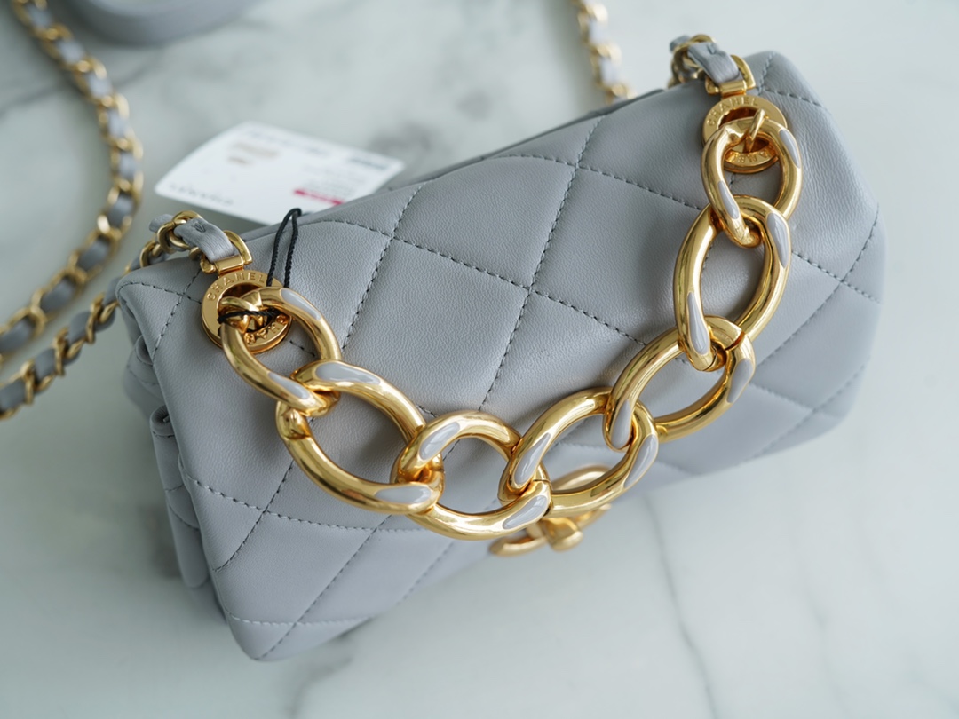 Chanel 22A Chunky Chain Flap Bag Mini Grey Lambskin  