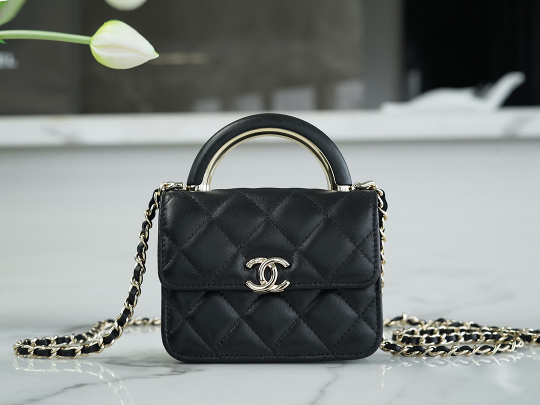 Chanel 22A Metal Handle Mini Waste Bag Classic Black Lambskin  