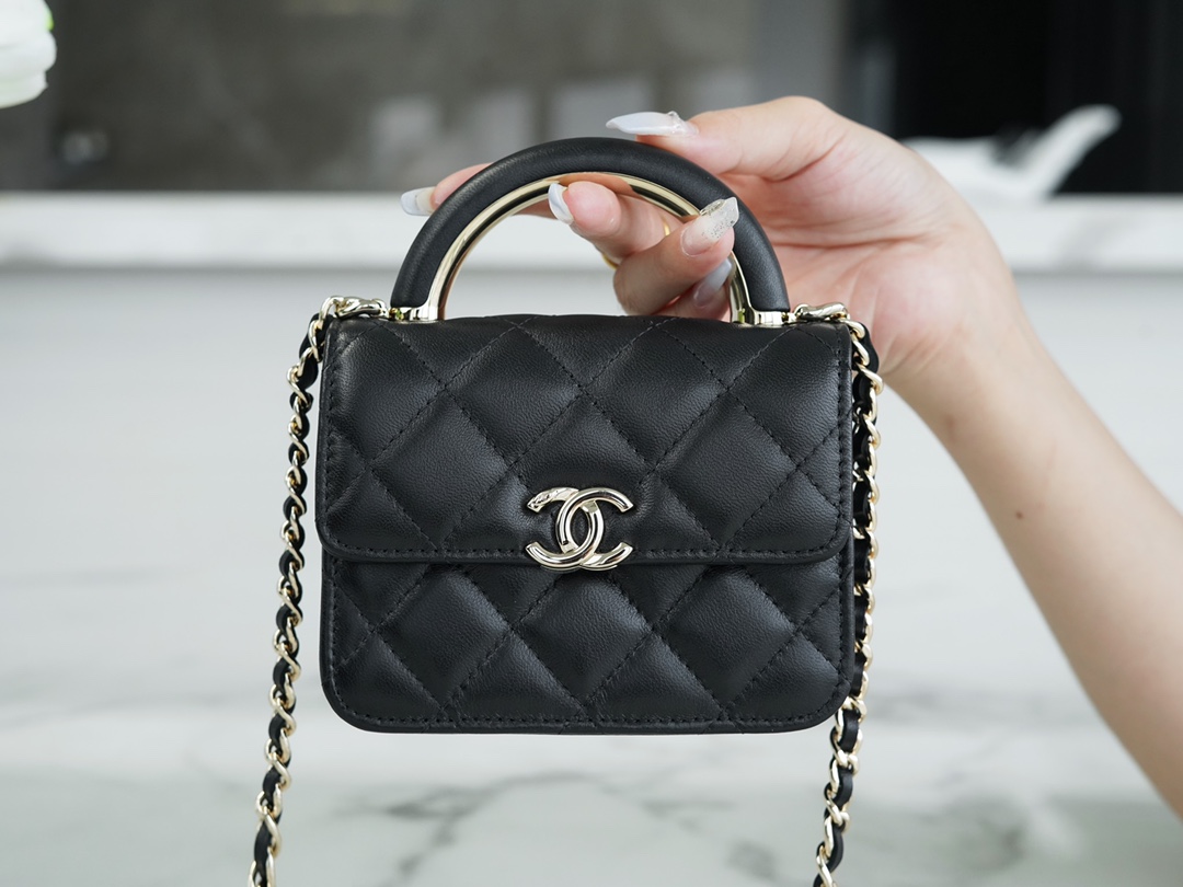 Chanel 22A Metal Handle Mini Waste Bag Classic Black Lambskin  