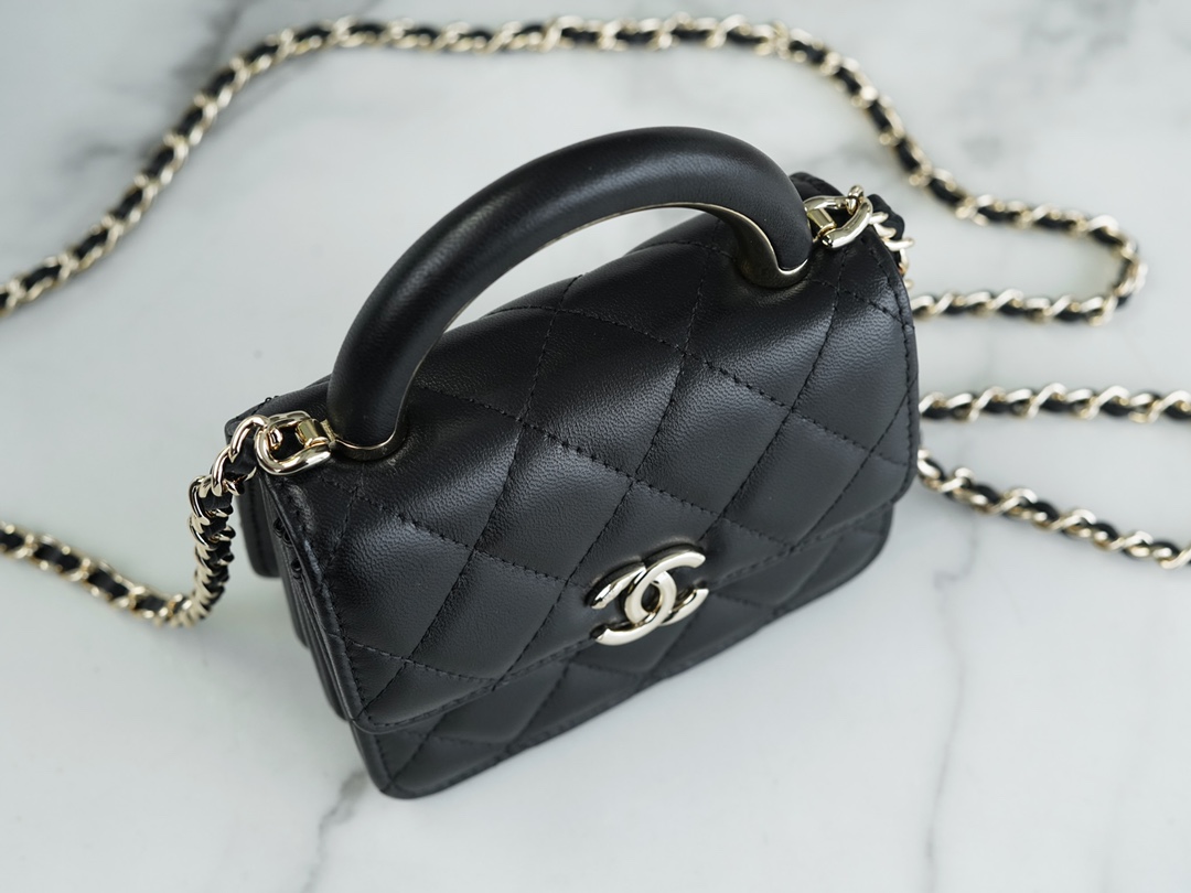 Chanel 22A Metal Handle Mini Waste Bag Classic Black Lambskin  