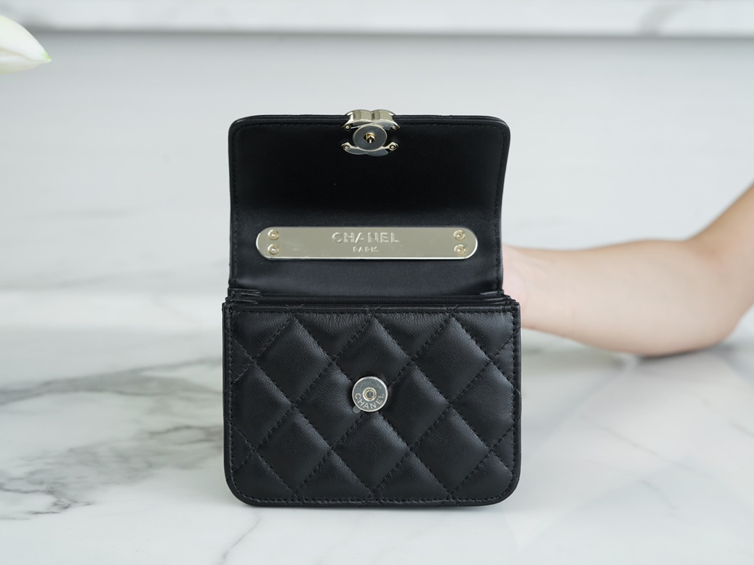 Chanel 22A Metal Handle Mini Waste Bag Classic Black Lambskin  