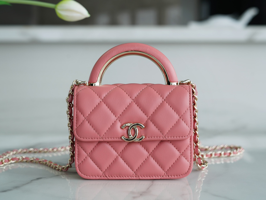 Chanel 22A Metal Handle Mini Waste Bag Peach Pink Lambskin  