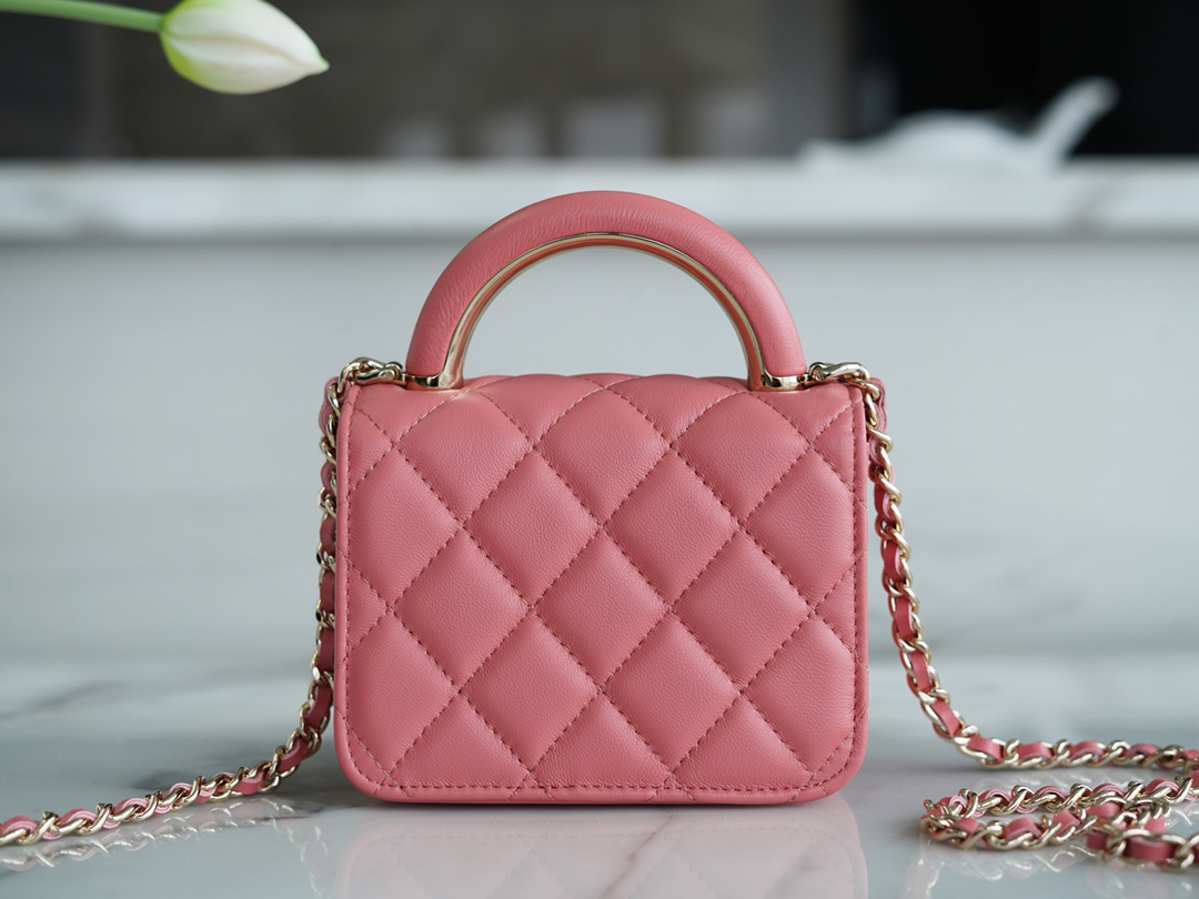 Chanel 22A Metal Handle Mini Waste Bag Peach Pink Lambskin  