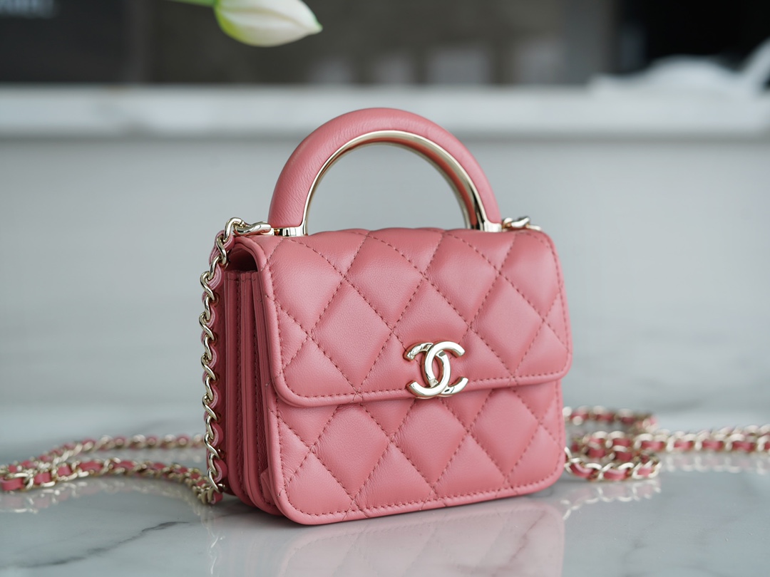 Chanel 22A Metal Handle Mini Waste Bag Peach Pink Lambskin  