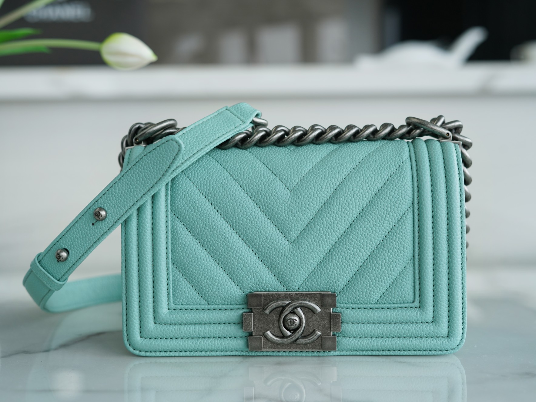 Chanel Leboy Large Ball V Pattern Tiffany Blue Caviar Calfskin  