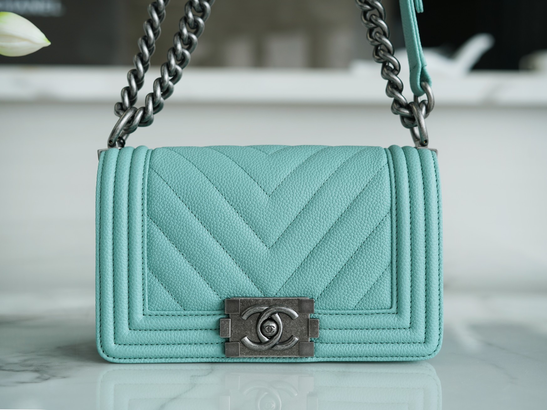 Chanel Leboy Large Ball V Pattern Tiffany Blue Caviar Calfskin  