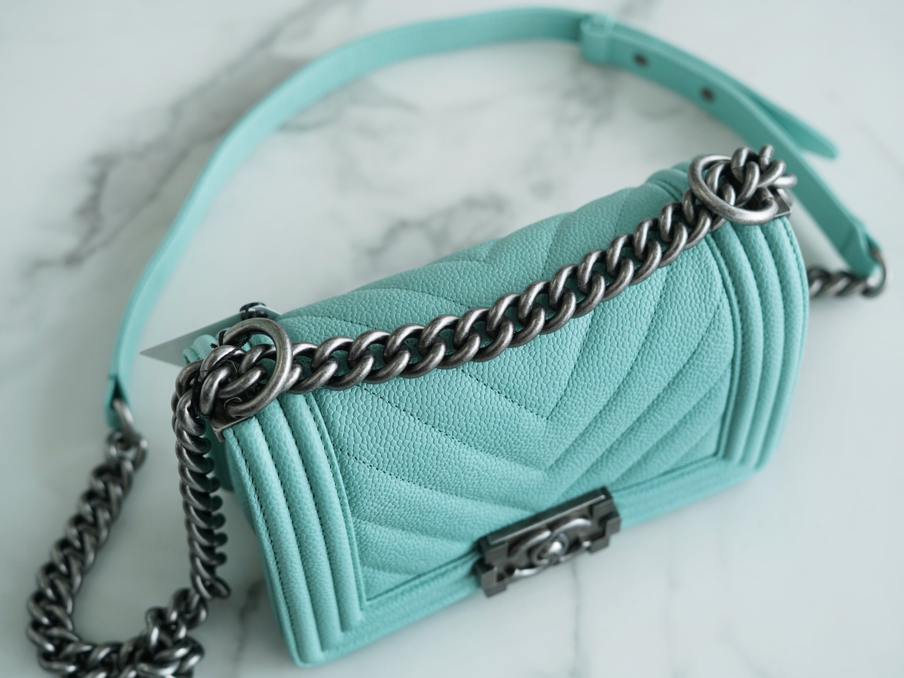 Chanel Leboy Large Ball V Pattern Tiffany Blue Caviar Calfskin  