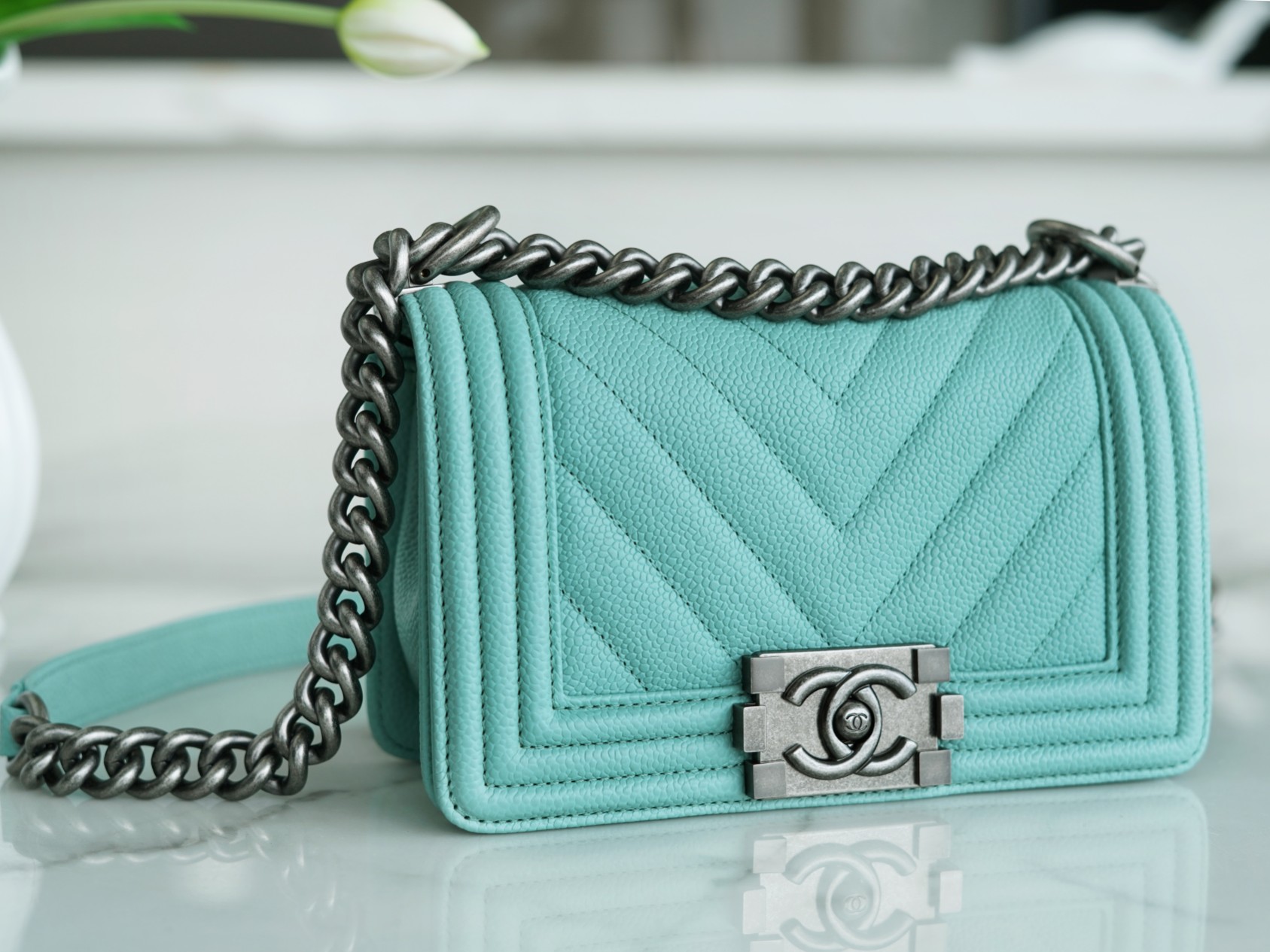 Chanel Leboy Large Ball V Pattern Tiffany Blue Caviar Calfskin  