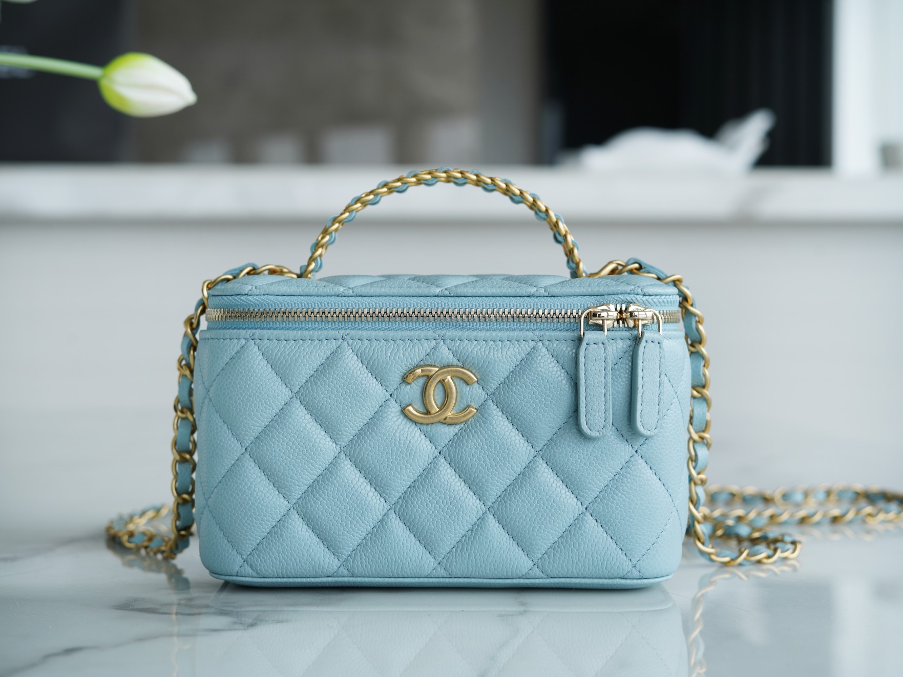 Chanel 22S Hollow Handle Long Box Sky Blue  