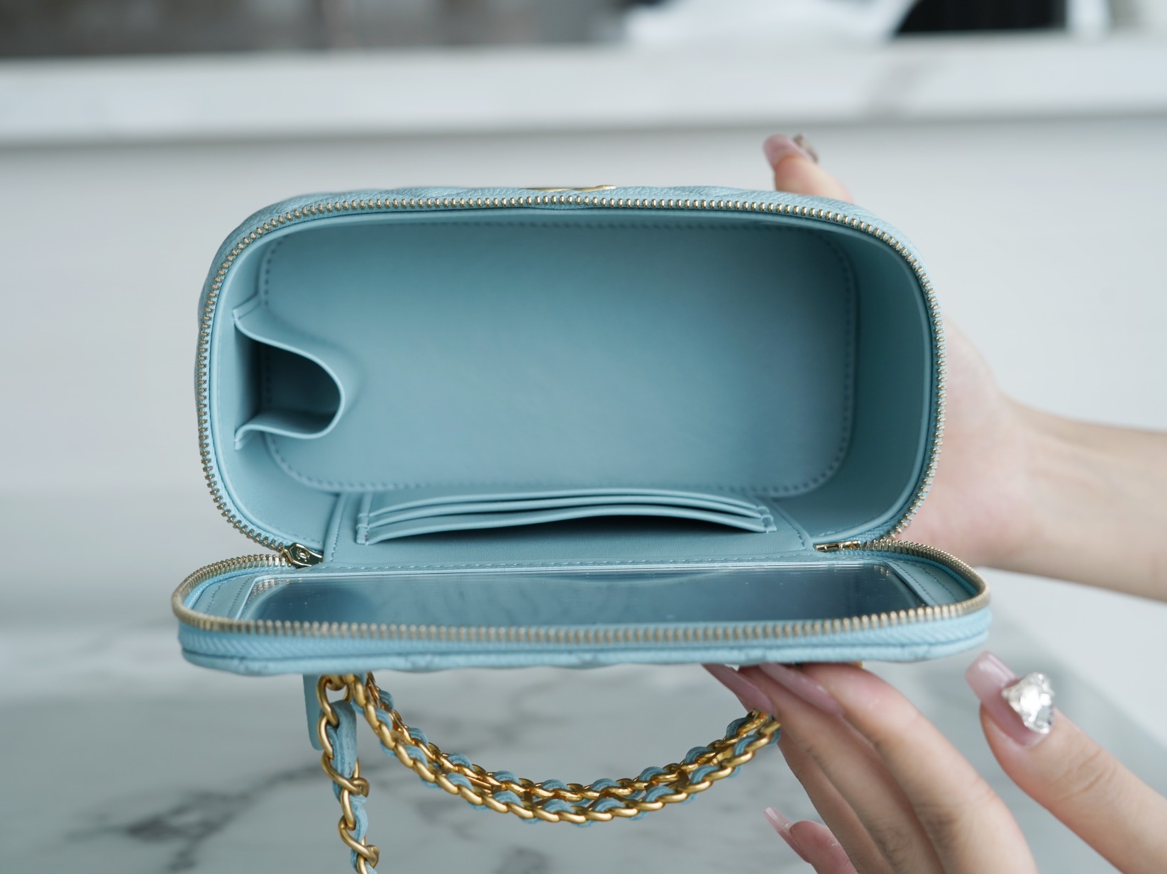 Chanel 22S Hollow Handle Long Box Sky Blue  