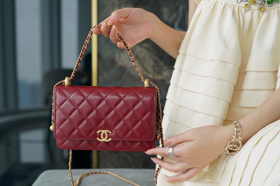 Chanel 2021 Double Gold Ball WOC Burgundy Glossy Calfskin  