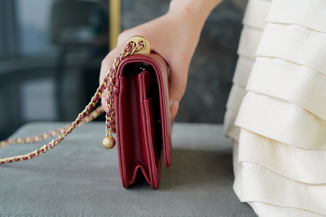 Chanel 2021 Double Gold Ball WOC Burgundy Glossy Calfskin  