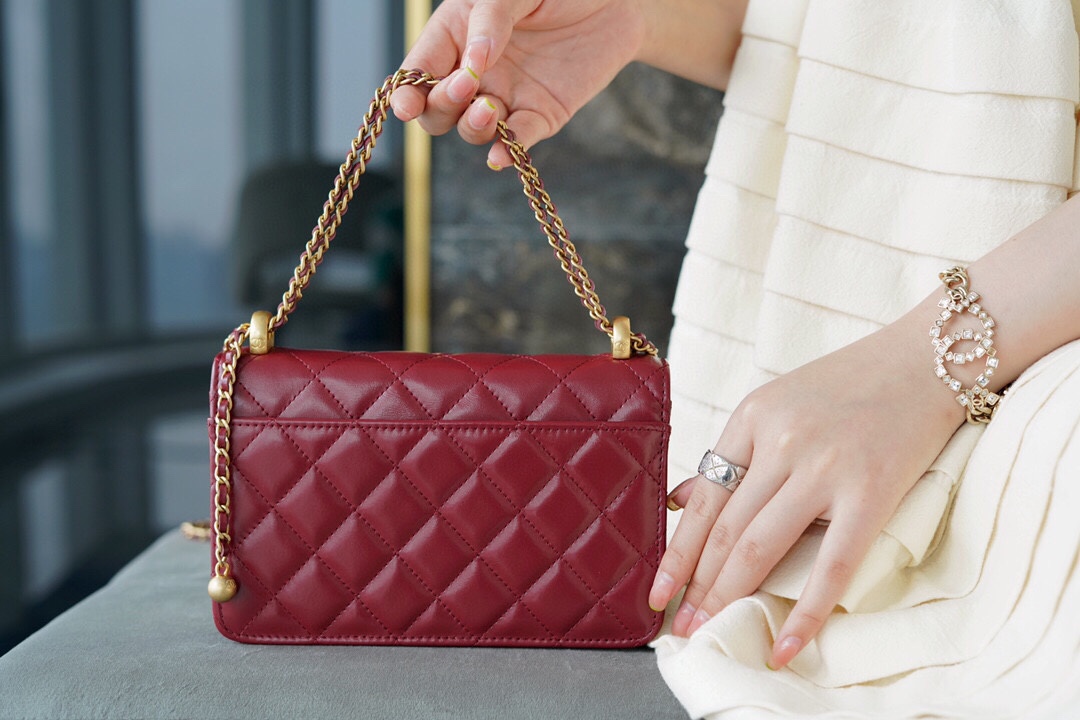 Chanel 2021 Double Gold Ball WOC Burgundy Glossy Calfskin  