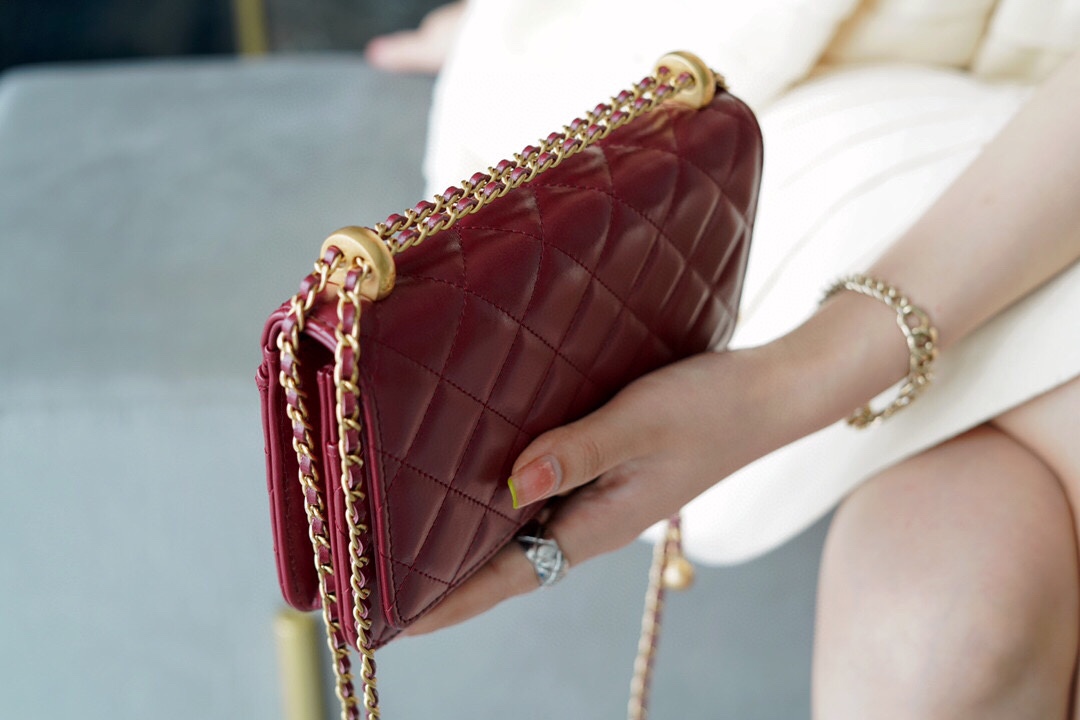 Chanel 2021 Double Gold Ball WOC Burgundy Glossy Calfskin  