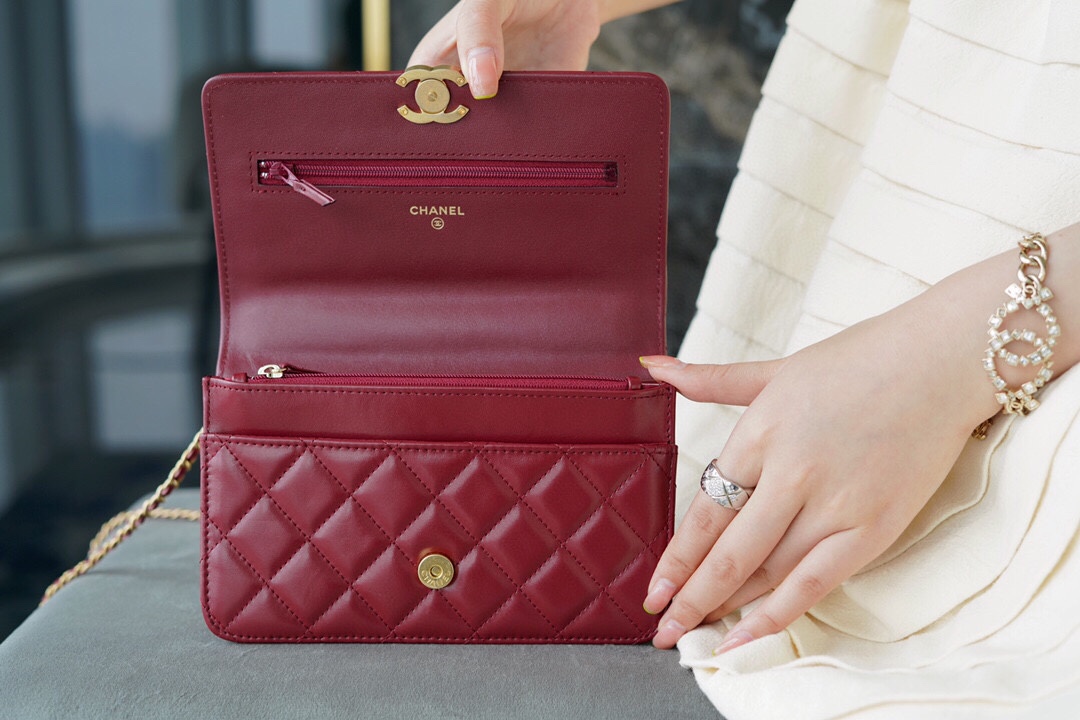 Chanel 2021 Double Gold Ball WOC Burgundy Glossy Calfskin  