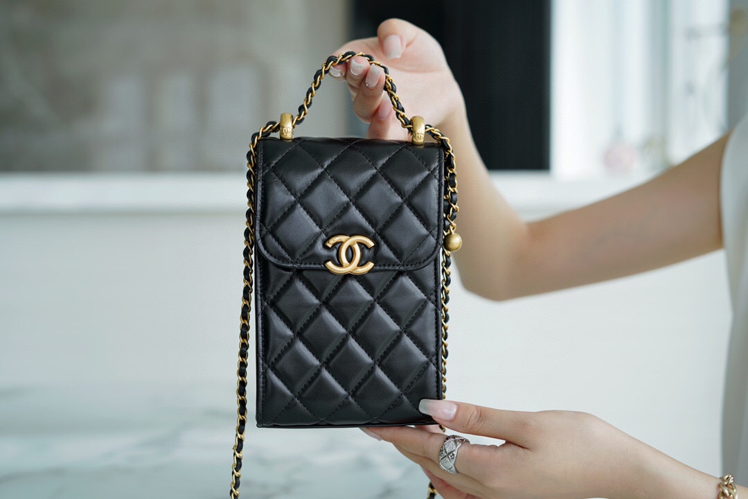 Chanel Double Ball Phone Bag Black Calfskin  