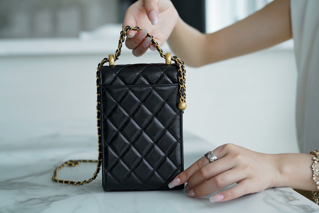 Chanel Double Ball Phone Bag Black Calfskin  