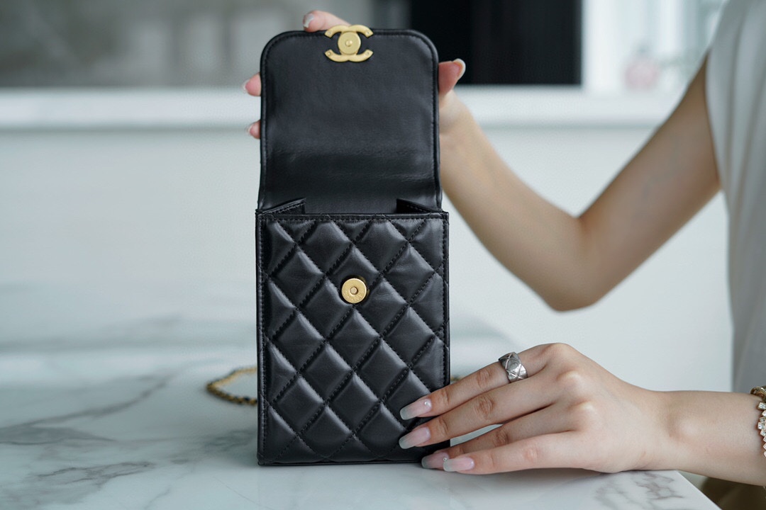 Chanel Double Ball Phone Bag Black Calfskin  