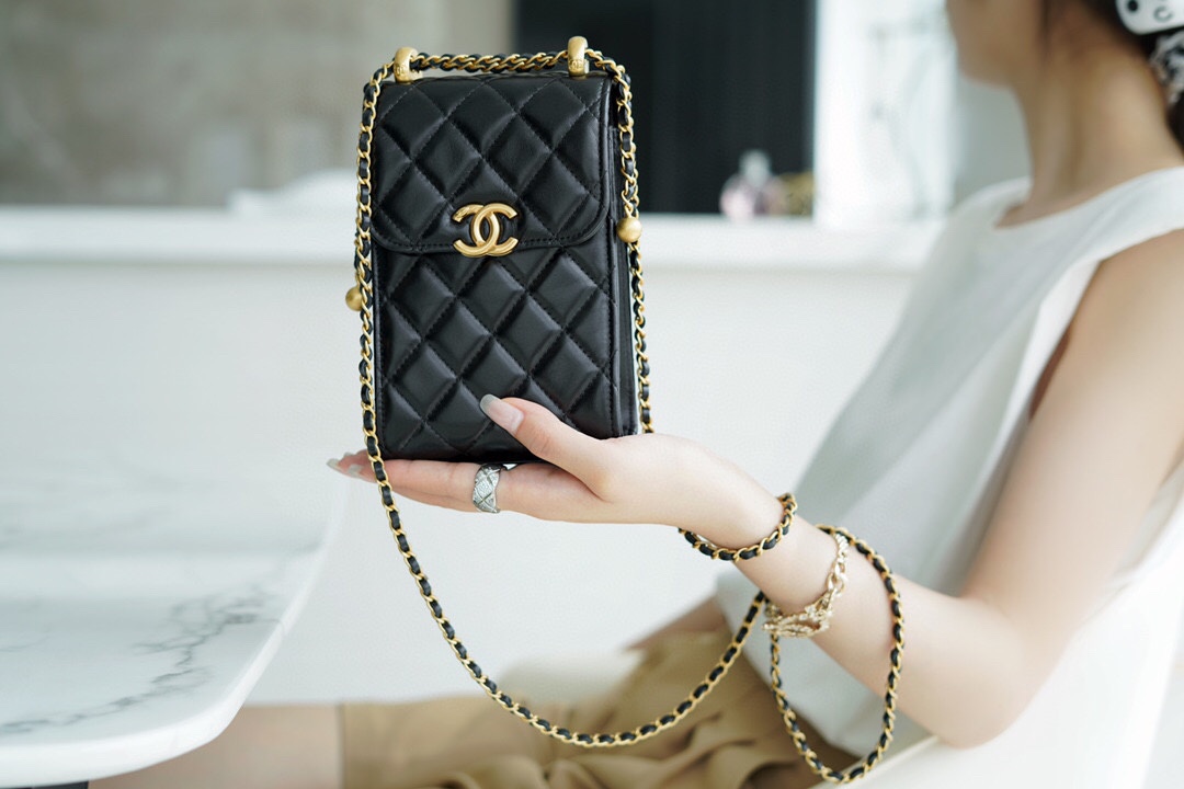 Chanel Double Ball Phone Bag Black Calfskin  