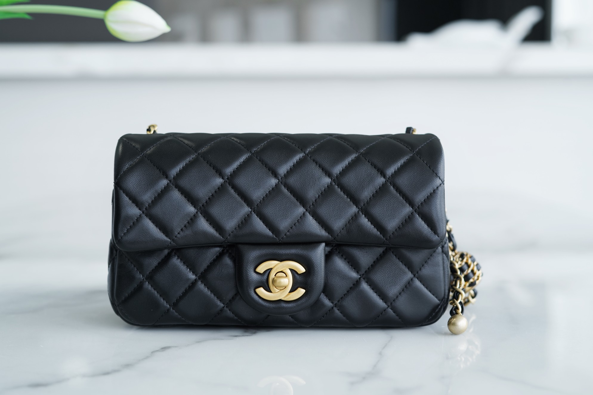 Chanel 22S Woven Gold Ball CF Large Mini Black Lambskin  