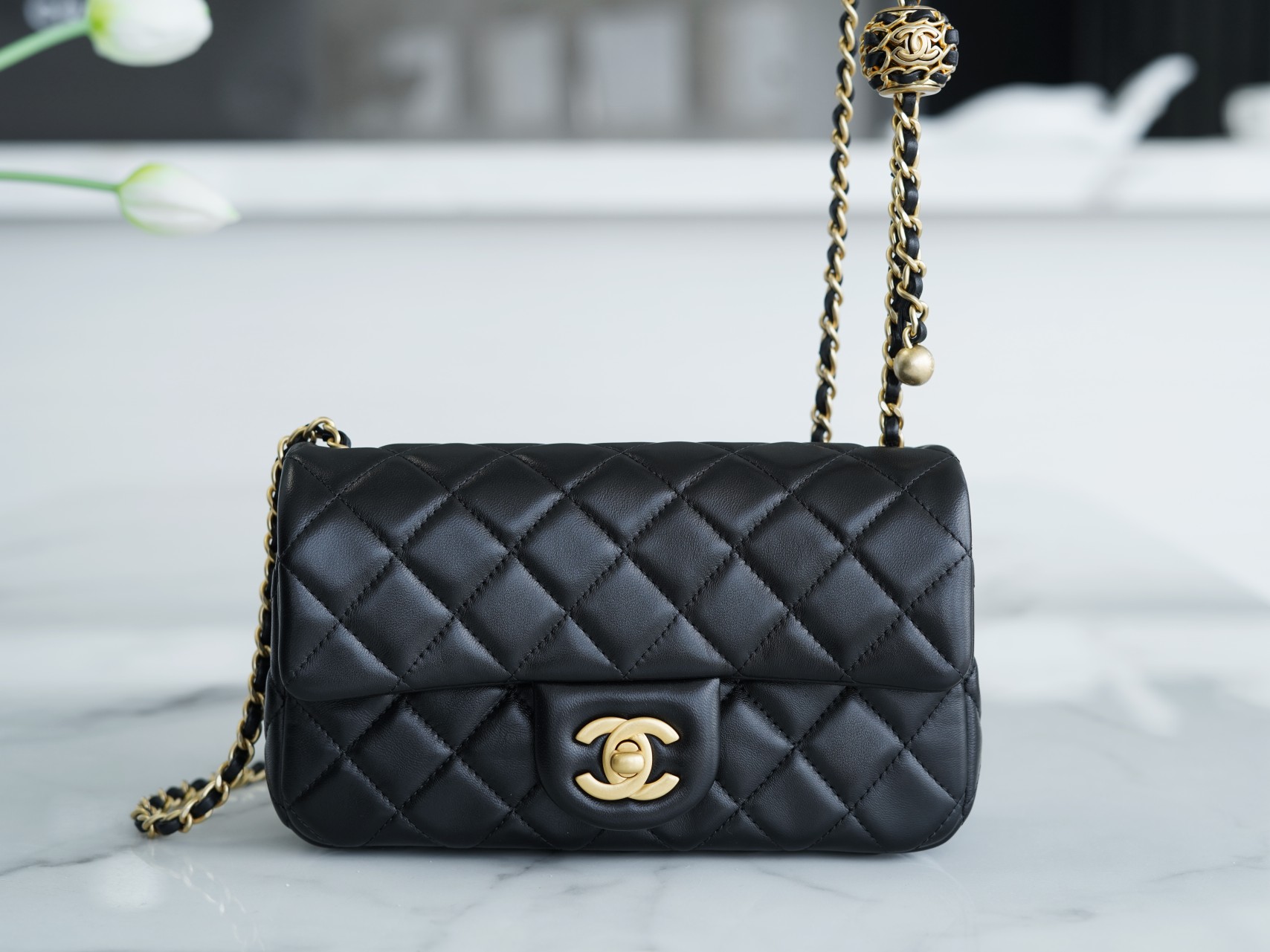 Chanel 22S Woven Gold Ball CF Large Mini Black Lambskin  