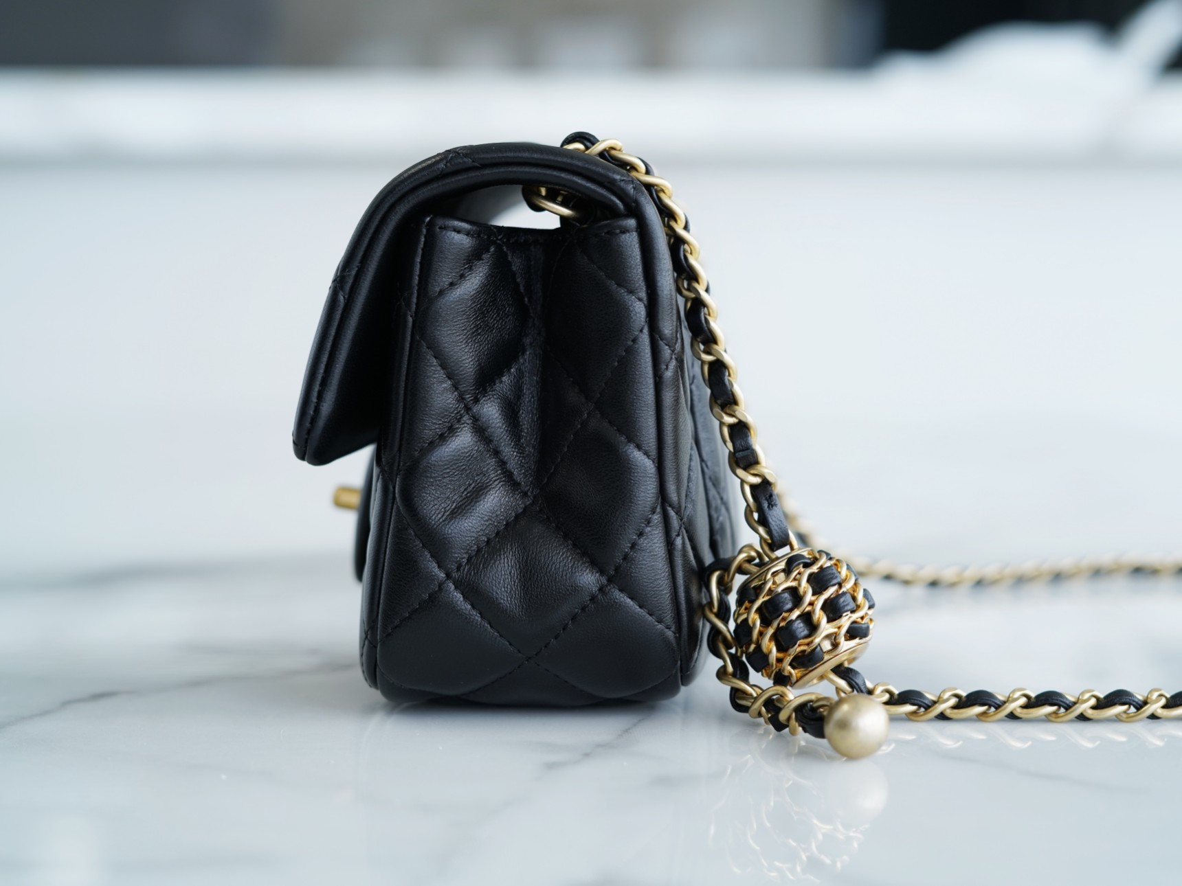 Chanel 22S Woven Gold Ball CF Large Mini Black Lambskin  