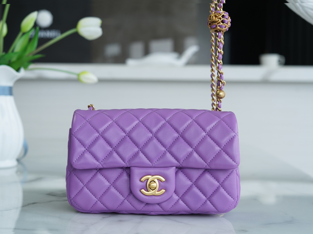 Chanel 22S Woven Gold Ball CF Large Mini Purple Lambskin  