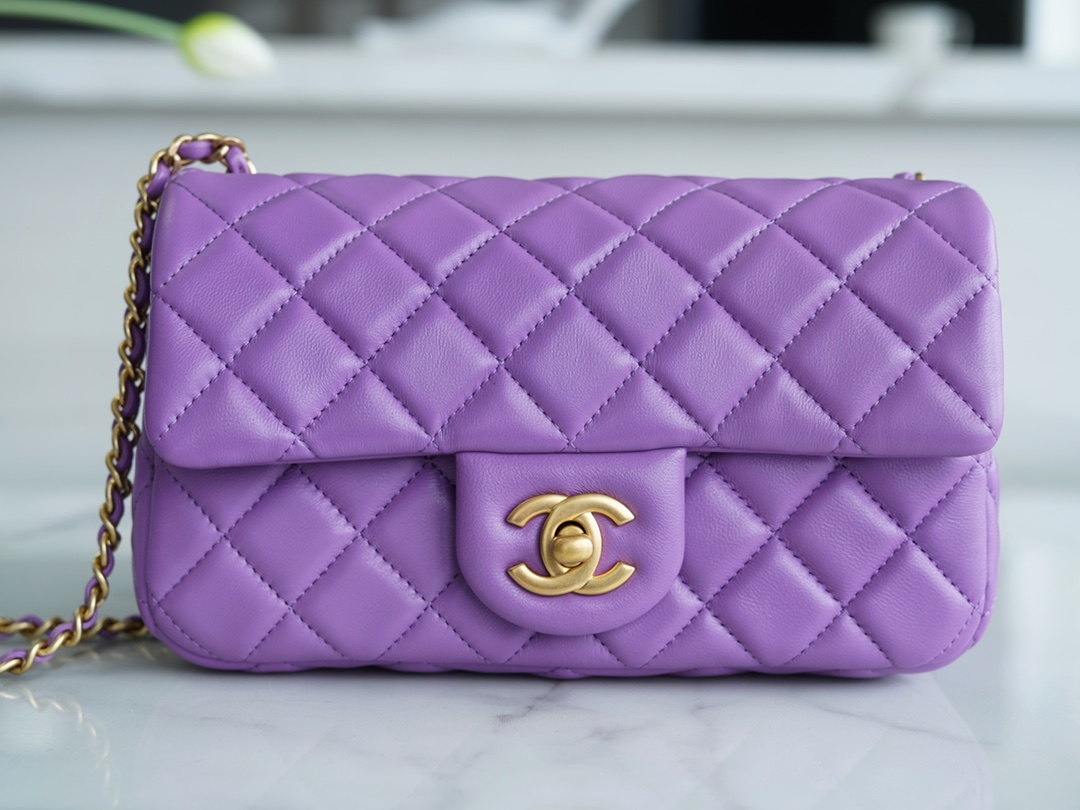 Chanel 22S Woven Gold Ball CF Large Mini Purple Lambskin  