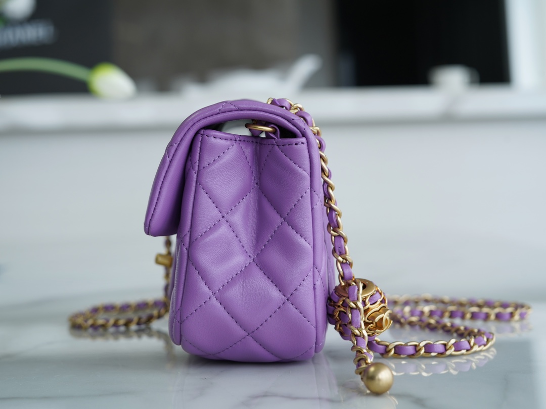 Chanel 22S Woven Gold Ball CF Large Mini Purple Lambskin  