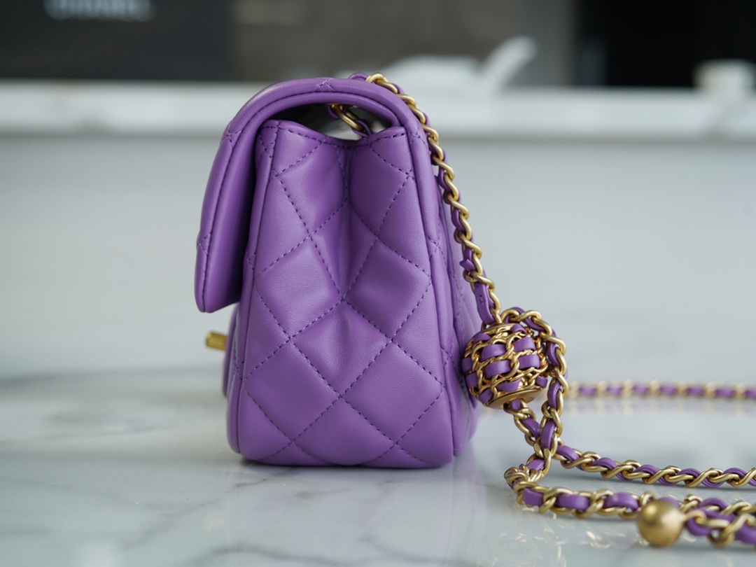 Chanel 22S Woven Gold Ball Square Fatty Purple Lambskin  