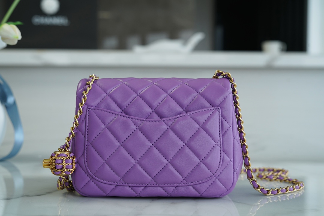 Chanel 22S Woven Gold Ball Square Fatty Purple Lambskin  