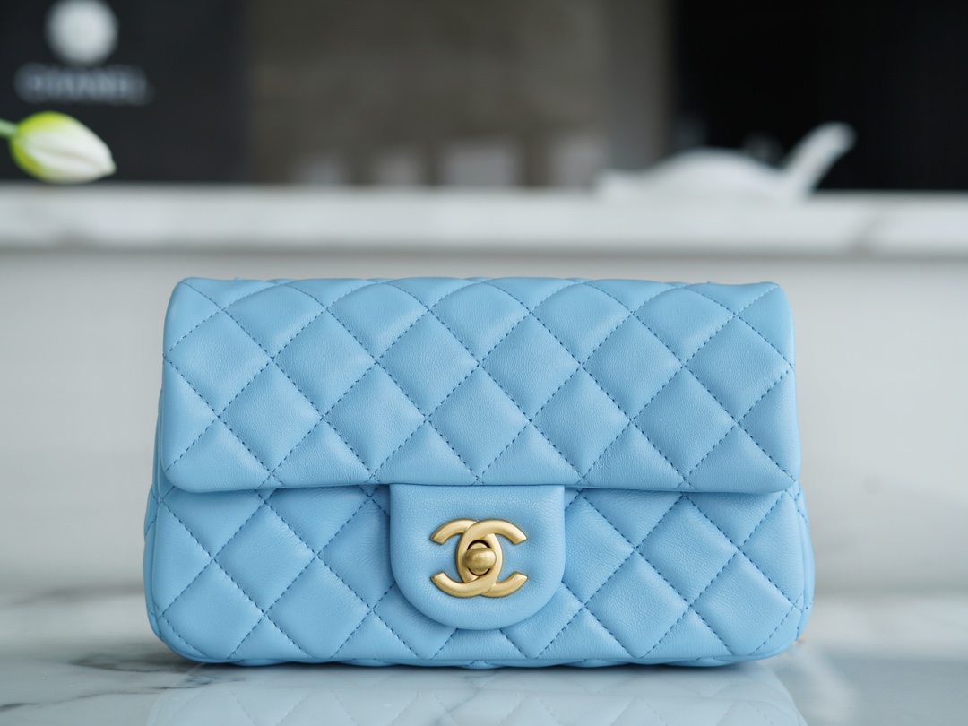 Chanel 22S Woven Gold Ball CF Large Mini Sky Blue Lambskin  