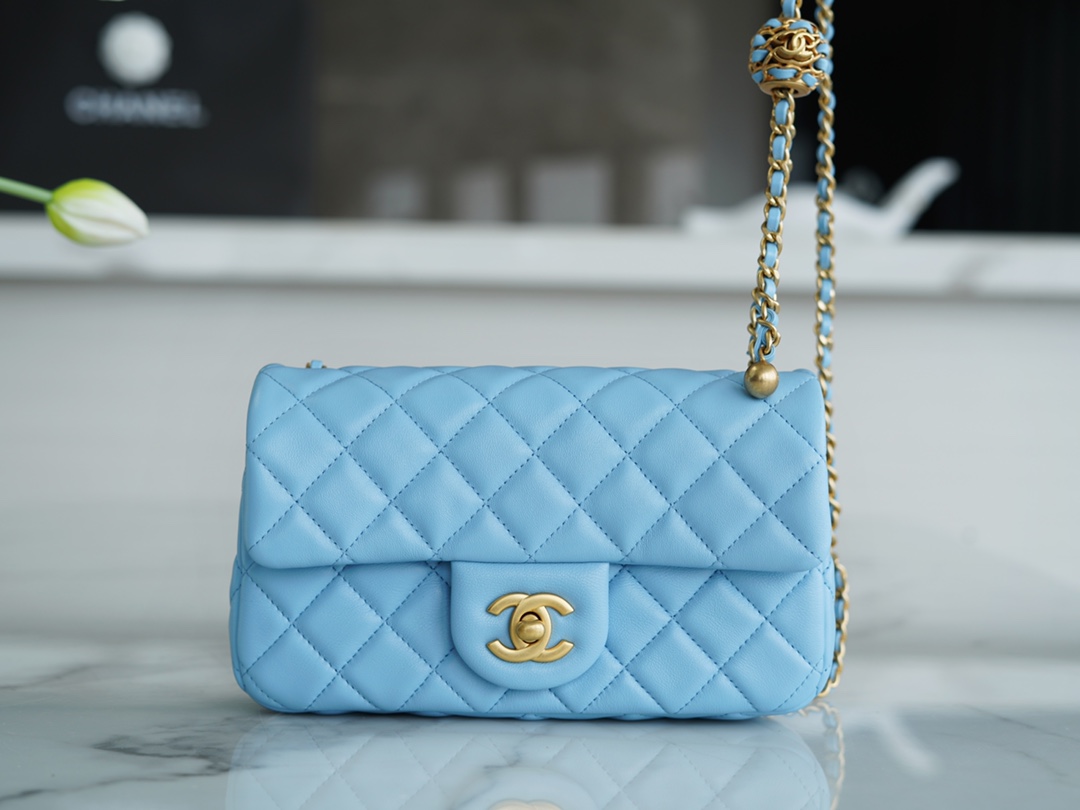 Chanel 22S Woven Gold Ball CF Large Mini Sky Blue Lambskin  