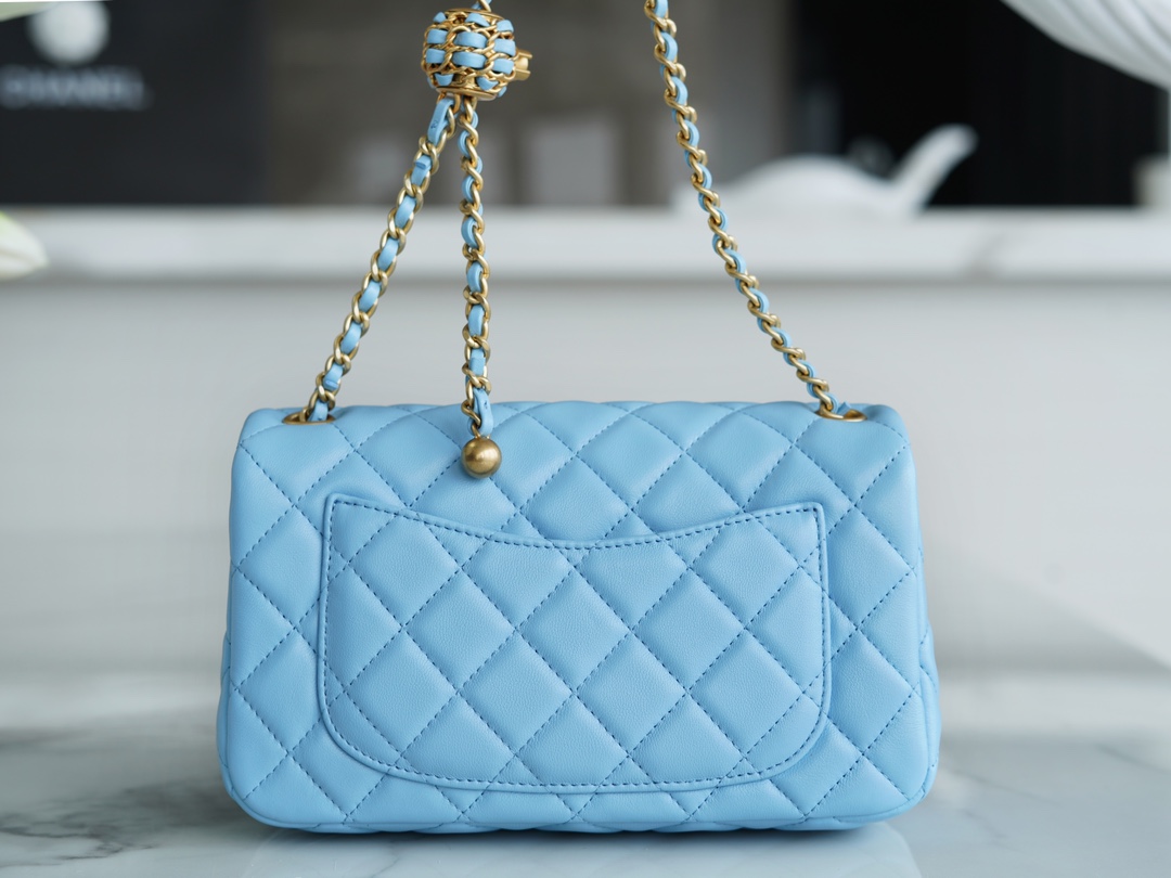 Chanel 22S Woven Gold Ball CF Large Mini Sky Blue Lambskin  