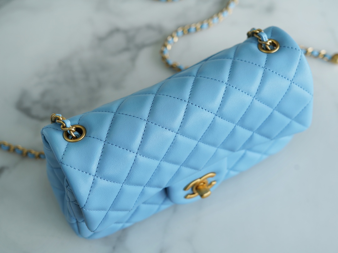 Chanel 22S Woven Gold Ball CF Large Mini Sky Blue Lambskin  