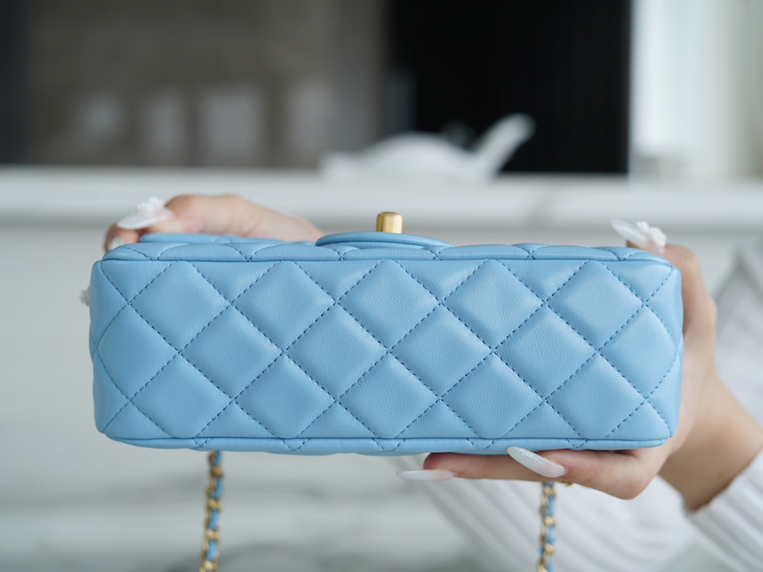 Chanel 22S Woven Gold Ball CF Large Mini Sky Blue Lambskin  