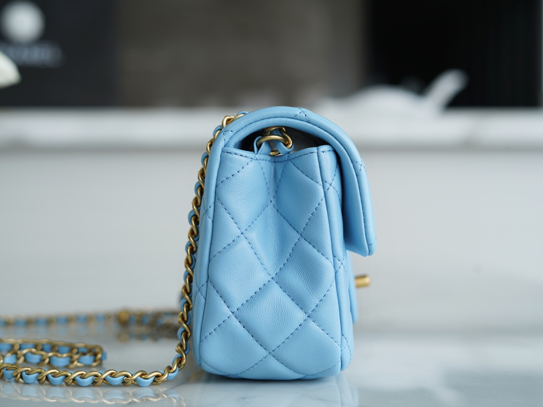 Chanel 22S Woven Gold Ball CF Large Mini Sky Blue Lambskin  