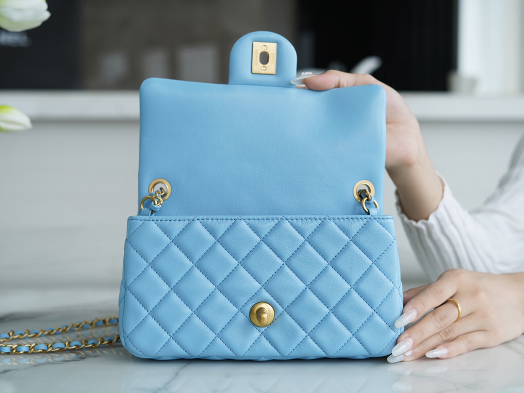 Chanel 22S Woven Gold Ball CF Large Mini Sky Blue Lambskin  