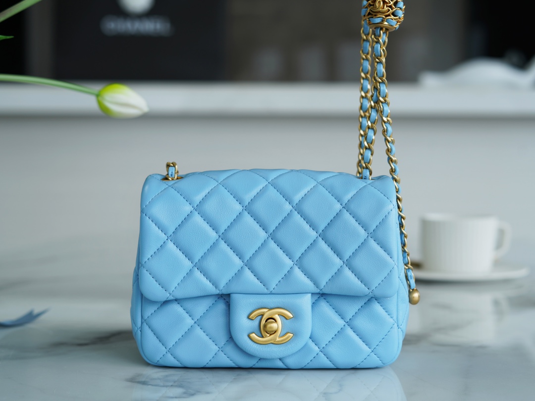 Chanel 22S Woven Gold Ball Square Fatty Sky Blue Lambskin  