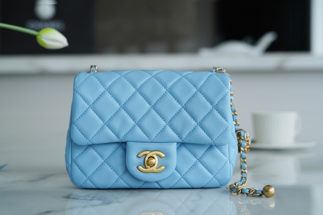 Chanel 22S Woven Gold Ball Square Fatty Sky Blue Lambskin  