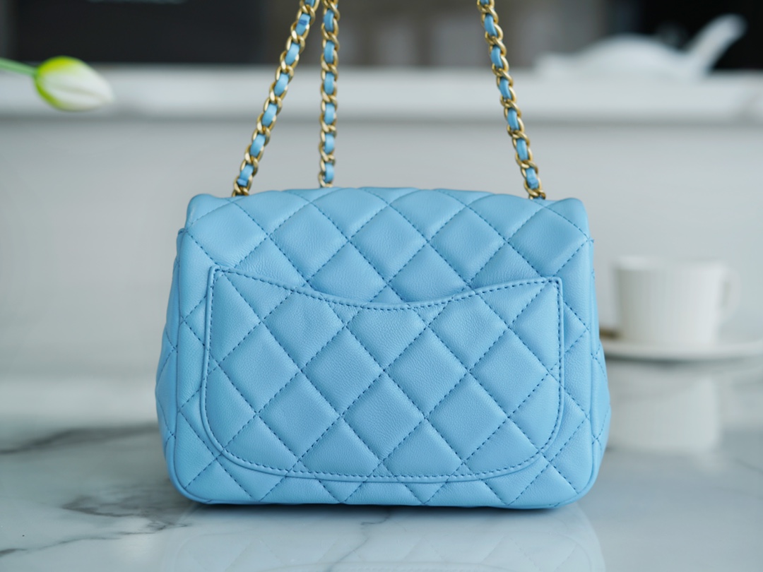 Chanel 22S Woven Gold Ball Square Fatty Sky Blue Lambskin  