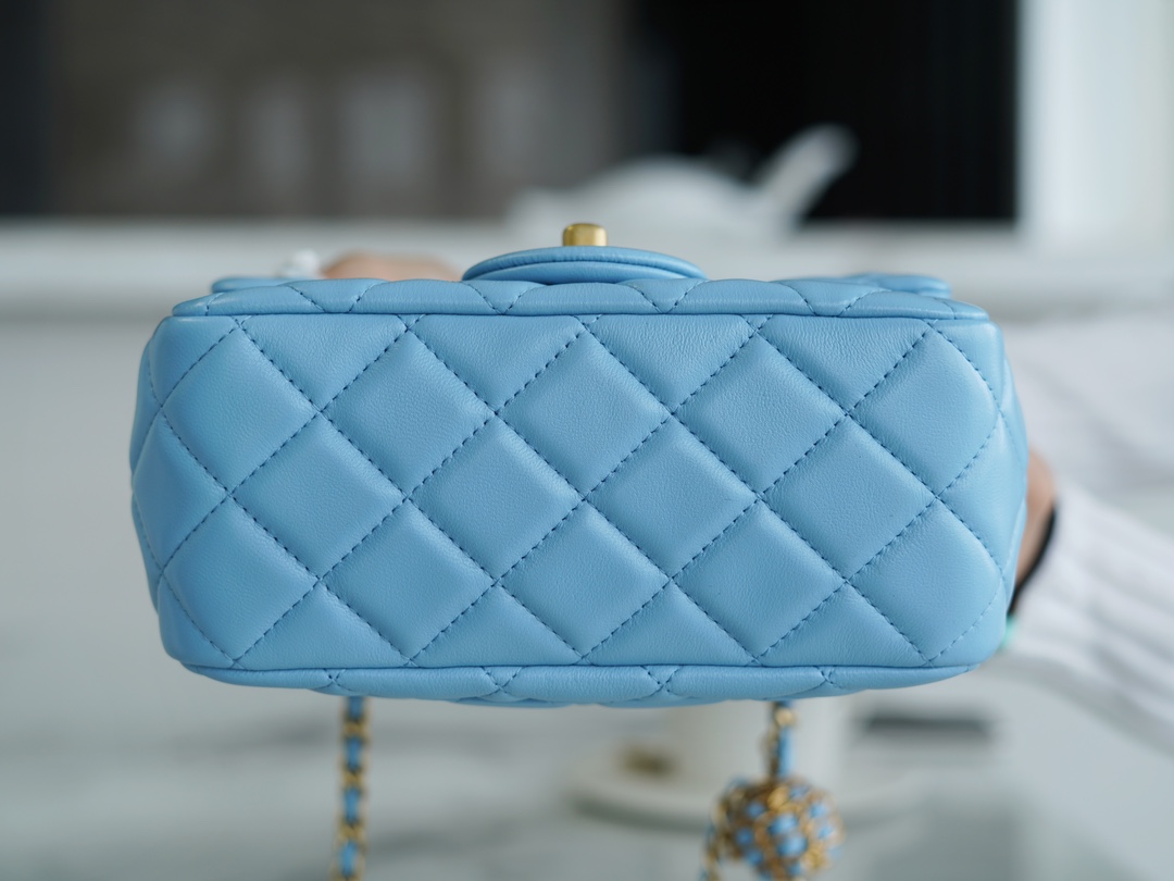 Chanel 22S Woven Gold Ball Square Fatty Sky Blue Lambskin  