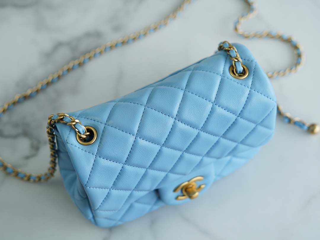 Chanel 22S Woven Gold Ball Square Fatty Sky Blue Lambskin  